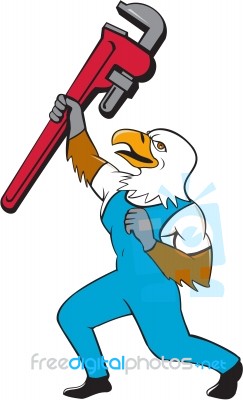 Plumber Eagle Standing Pipe Wrench Cartoon Stock Image