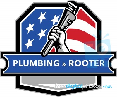 Plumber Hand Pipe Wrench Usa Flag Crest Retro Stock Image