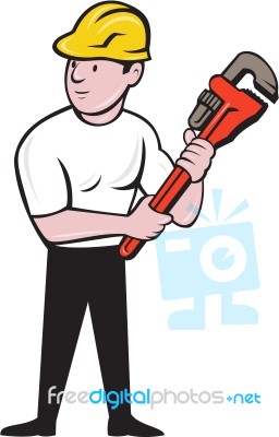 Plumber Holding Monkey Wrench Cartoon Stock Image