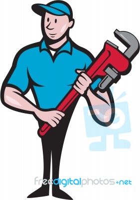 Plumber Holding Monkey Wrench Cartoon Stock Image