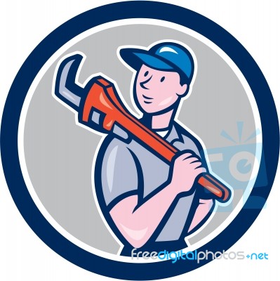 Plumber Holding Monkey Wrench Circle Cartoon Stock Image