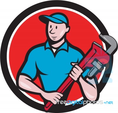 Plumber Holding Monkey Wrench Circle Cartoon Stock Image