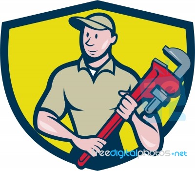 Plumber Holding Monkey Wrench Crest Cartoon Stock Image