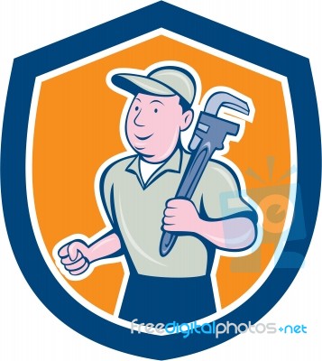 Plumber Holding Monkey Wrench Shield Cartoon Stock Image