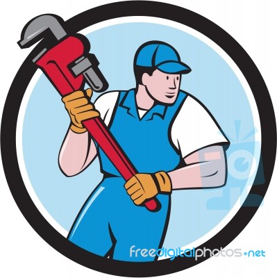 Plumber Holding Pipe Wrench Circle Cartoon Stock Image