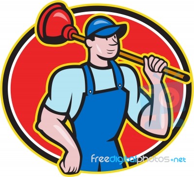 Plumber Holding Plunger Cartoon Stock Image