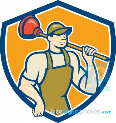 Plumber Holding Plunger Cartoon Stock Image