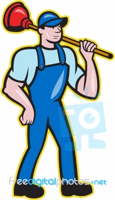 Plumber Holding Plunger Standing Cartoon Stock Image