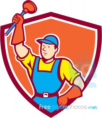 Plumber Holding Plunger Up Shield Cartoon Stock Image