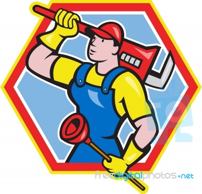 Plumber Holding Plunger Wrench Cartoon Stock Image