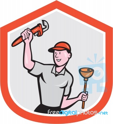 Plumber Holding Wrench Plunger Cartoon Stock Image