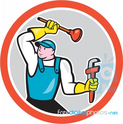 Plumber Holding Wrench Plunger Cartoon Stock Image