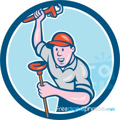 Plumber Holding Wrench Plunger Circle Cartoon Stock Image