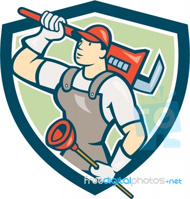 Plumber Holding Wrench Plunger Shield Cartoon Stock Image