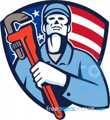 Plumber Holding Wrench Usa Flag Shield Retro Stock Image