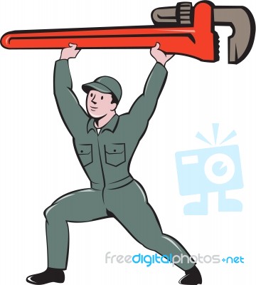 Plumber Lifting Monkey Wrench Cartoon Stock Image