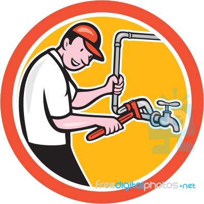 Plumber Monkey Wrench Pipe Circle Cartoon Stock Image