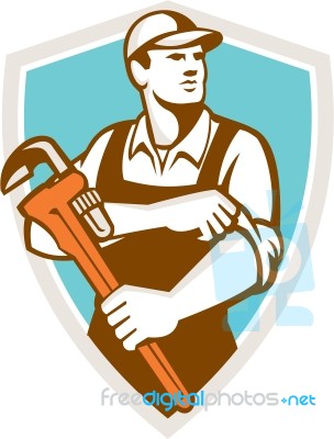 Plumber Monkey Wrench Rolling Sleeve Shield Retro Stock Image