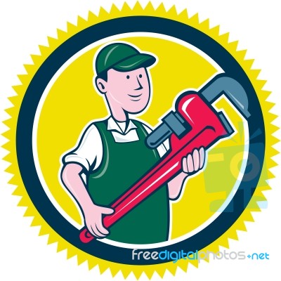 Plumber Monkey Wrench Rosette Cartoon Stock Image