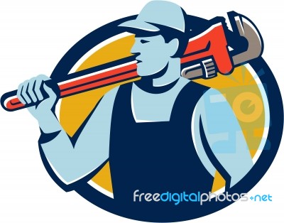 Plumber Monkey Wrench Shoulder Circle Retro Stock Image