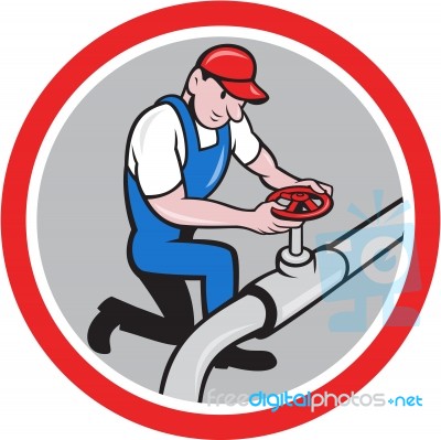 Plumber Pipe Worker Turning On Flow Circle Cartoon Stock Image