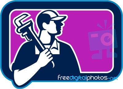 Plumber Pipe Wrench Side Rectangle Retro Stock Image