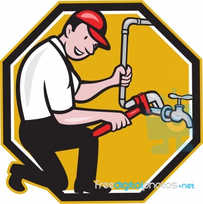 Plumber Repair Faucet Tap Cartoon Stock Image