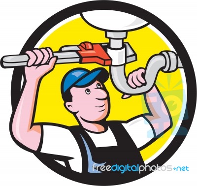 Plumber Repair Sink Pipe Wrench Circle Cartoon Stock Image