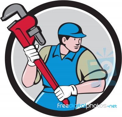 Plumber Running Monkey Wrench Circle Cartoon Stock Image