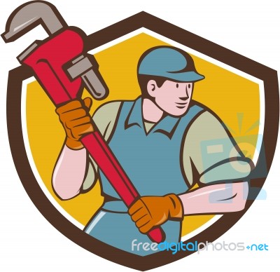 Plumber Running Monkey Wrench Crest Cartoon Stock Image