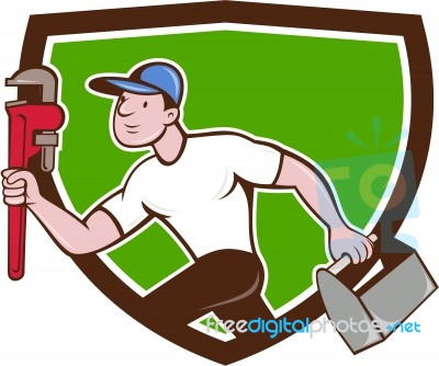 Plumber Running Toolbox Wrench Crest Cartoon Stock Image