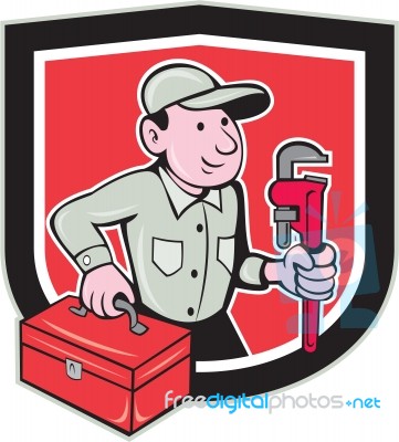 Plumber Toolbox Monkey Wrench Shield Cartoon Stock Image