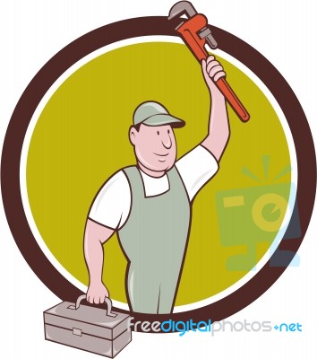 Plumber Toolbox Raising Monkey Wrench Circle Cartoon Stock Image