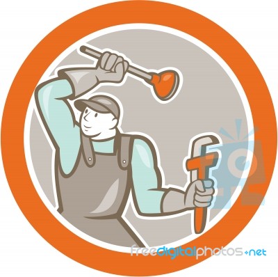 Plumber Wielding Plunger Wrench Circle Cartoon Stock Image