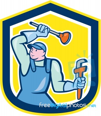 Plumber Wielding Plunger Wrench Shield Cartoon Stock Image