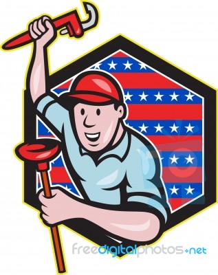 Plumber With Monkey Wrench And Plunger Cartoon Stock Image