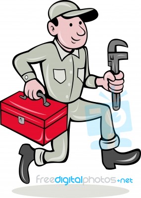 Plumber With Monkey Wrench And Toolbox Stock Image