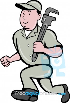 Plumber With Monkey Wrench Running Stock Image