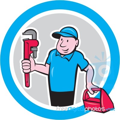 Plumber With Monkey Wrench Toolbox Cartoon Stock Image