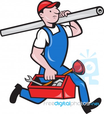 Plumber With Pipe Toolbox Cartoon Stock Image