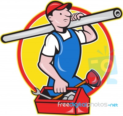 Plumber With Pipe Toolbox Cartoon Stock Image