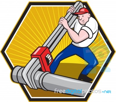 Plumber Worker With Adjustable Wrench Cartoon Stock Image