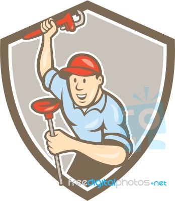 Plumber Wrench Plunger Front Shield Cartoon Stock Image