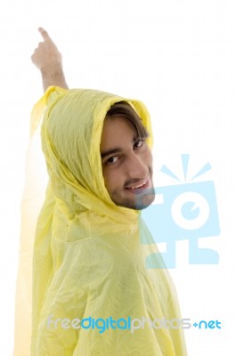 Pointing Male Wearing Raincoat Stock Photo