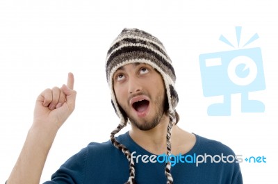 Pointing Man Looking Upward Stock Photo