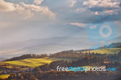 Poland Autumn Hills. Sunny October Day In Mountain Village Stock Photo