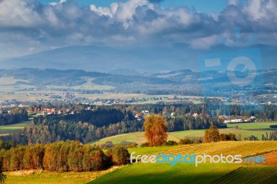 Poland Autumn Hills. Sunny October Day In Mountain Village Stock Photo