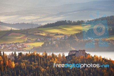 Poland Autumn Hills. Sunny October Day In Mountain Village Stock Photo