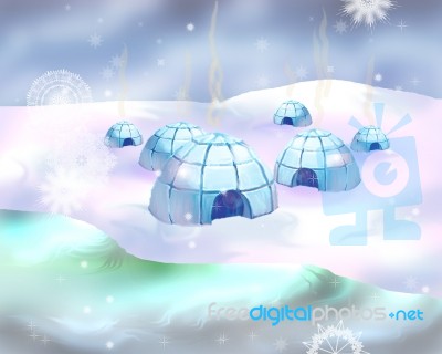 Polar Snowy Landscape With Igloo Icehouse Stock Image