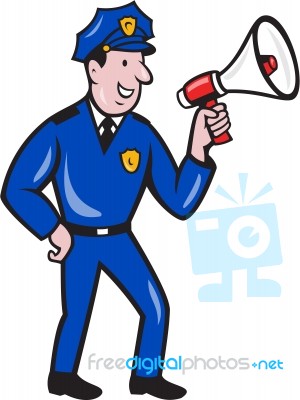 Policeman Shouting Bullhorn Isolated Cartoon Stock Image